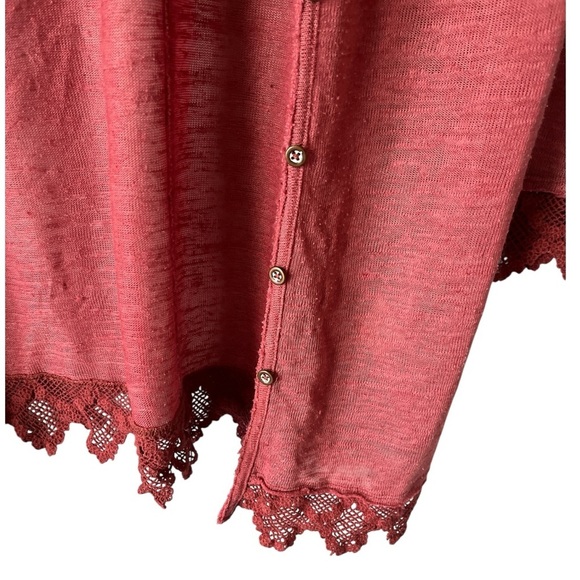 Free People Crochet Lace Trim Button Front Cardigan Sweater Boho Linen M Pink - Picture 4 of 9